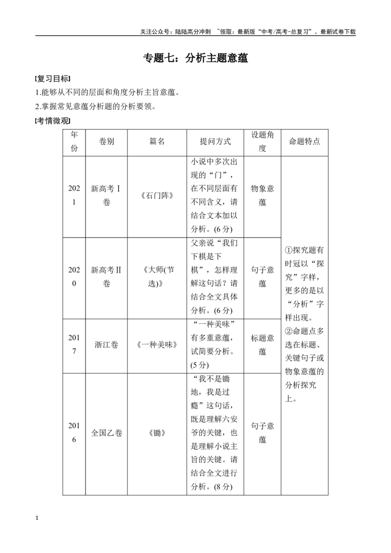 《专题七：分析主题意蕴-解析版_一轮复习_2024年_2024年高考语文一轮复习一本通（全国通用_资料_小说阅读》第1页预览