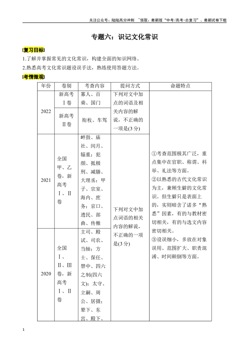 《专题六：识记文化常识-原卷版_一轮复习_2024年_2024年高考语文一轮复习一本通（全国通用_资料_文言文阅读》第1页预览