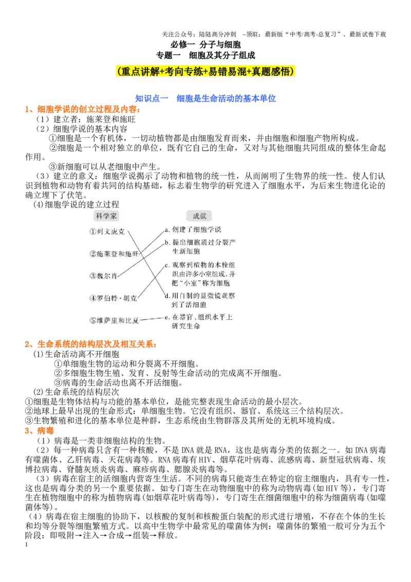 《专题一细胞及其分子组成（原卷版）_06-生物-高考总复习_二轮复习_2024年_2024年高考生物二轮复习专题攻略（新教材新高考）_资料》第1页预览