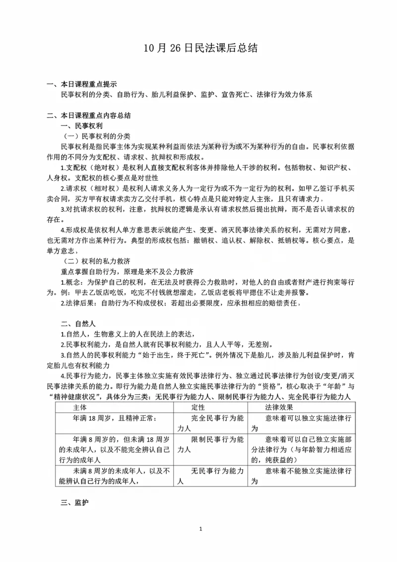 《10.26民事权利、民事法律行为随堂笔记_2026法考客观_法-D_01先行筑基（内部班）视频+讲义_01民法视频+讲义+随堂笔记_26年法大先行筑基民法讲义》第1页预览