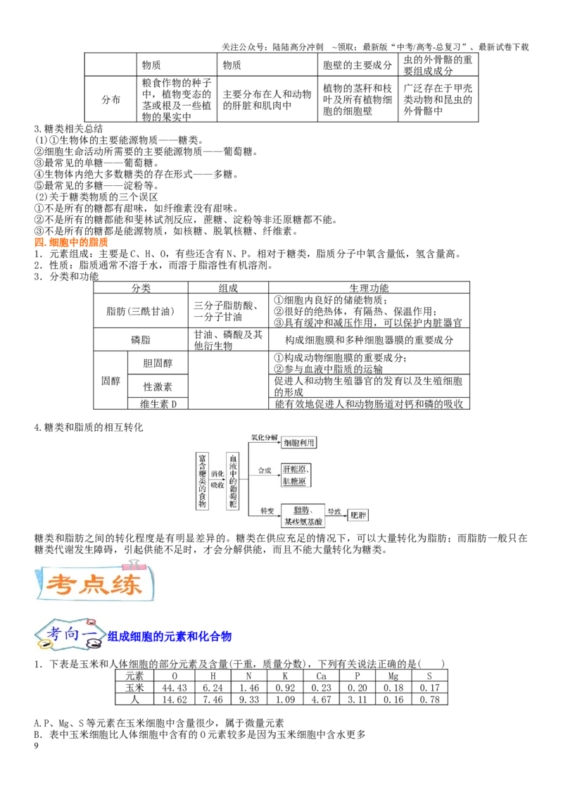 《专题一细胞及其分子组成（解析版）_06-生物-高考总复习_二轮复习_2024年_2024年高考生物二轮复习专题攻略（新教材新高考）_资料》第9页预览