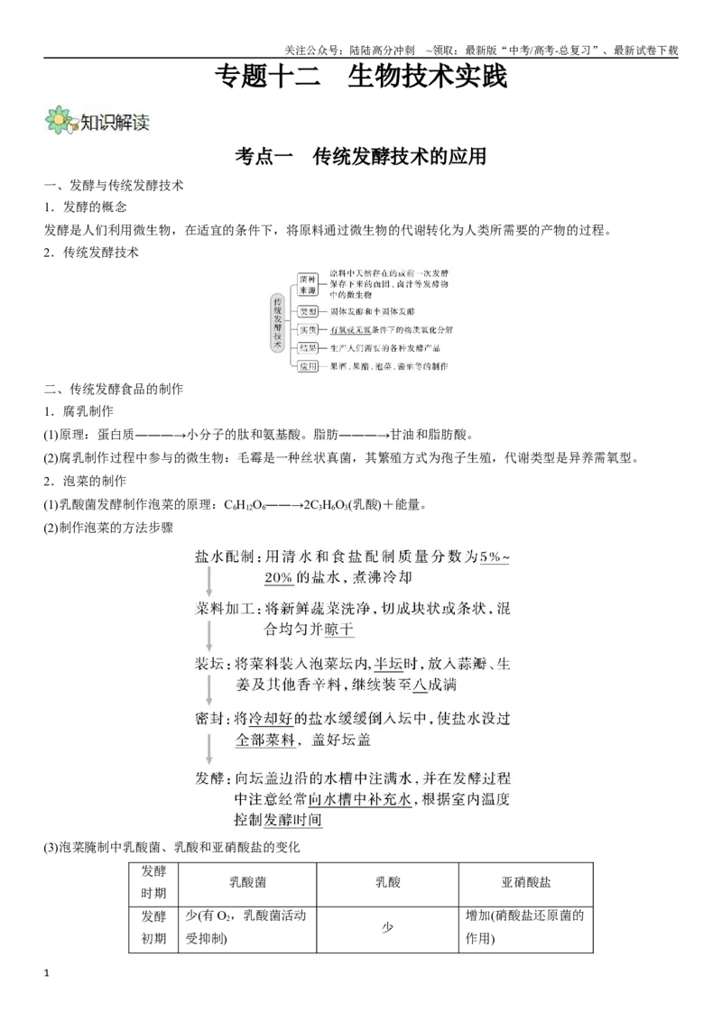 《专题十二生物技术实践（解析版）_06-生物-高考总复习_二轮复习_2024年_2024年高考生物二轮复习专题攻略（新教材新高考）_资料》第1页预览