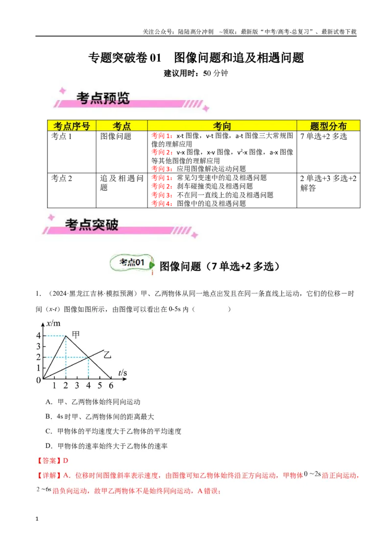《专题突破卷01图像问题和追及相遇问题专题（教师版）_04-物理-高考总复习_一轮复习_2025年_2025年高考物理一轮复习考点复习卷（新高考通用）》第1页预览