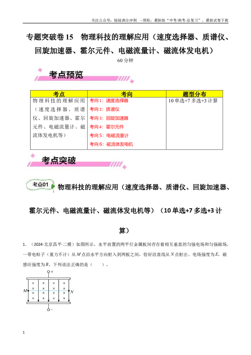 《专题突破卷15物理科技的理解应用（速度选择器、质谱仪、回旋加速器、霍尔元件、电磁流量计、磁流体发电机等）（学生版）_04-物理-高考总复习_一轮复习_2025年》第1页预览