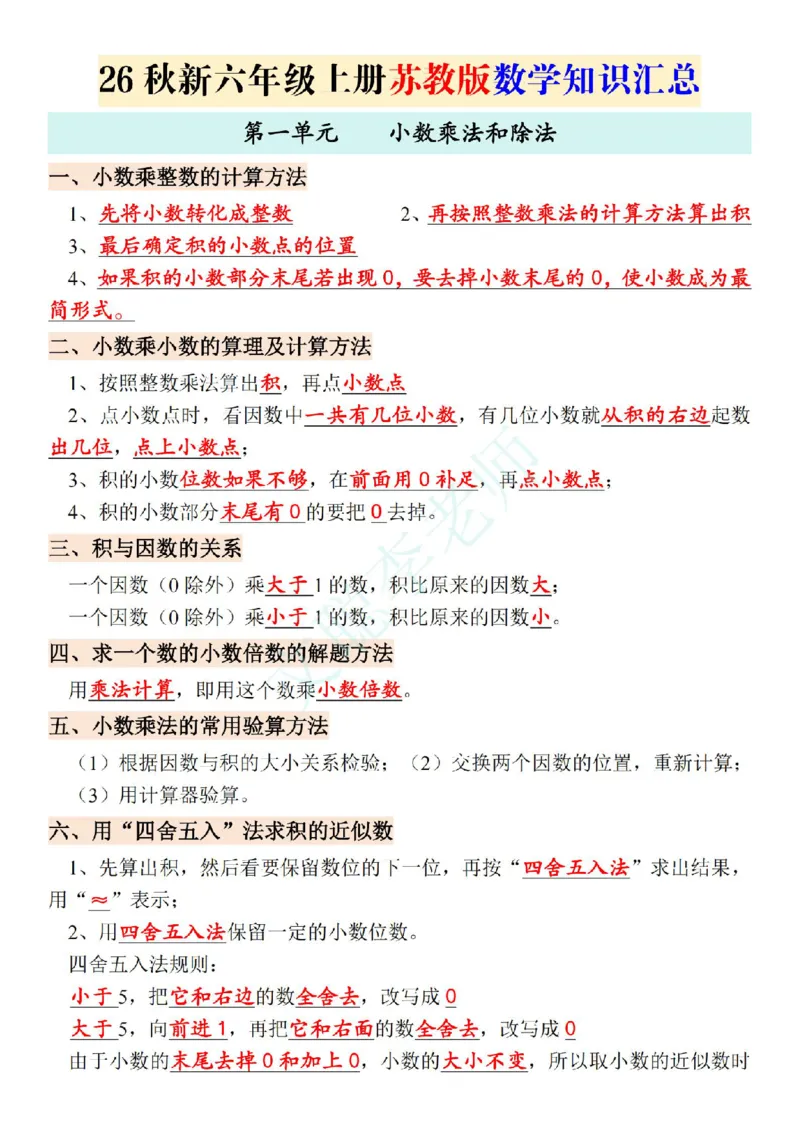 《2027版六上苏教版数学知识汇总_2027版小学《知识点汇总》1-6年级上册（北师+苏教）》第1页预览