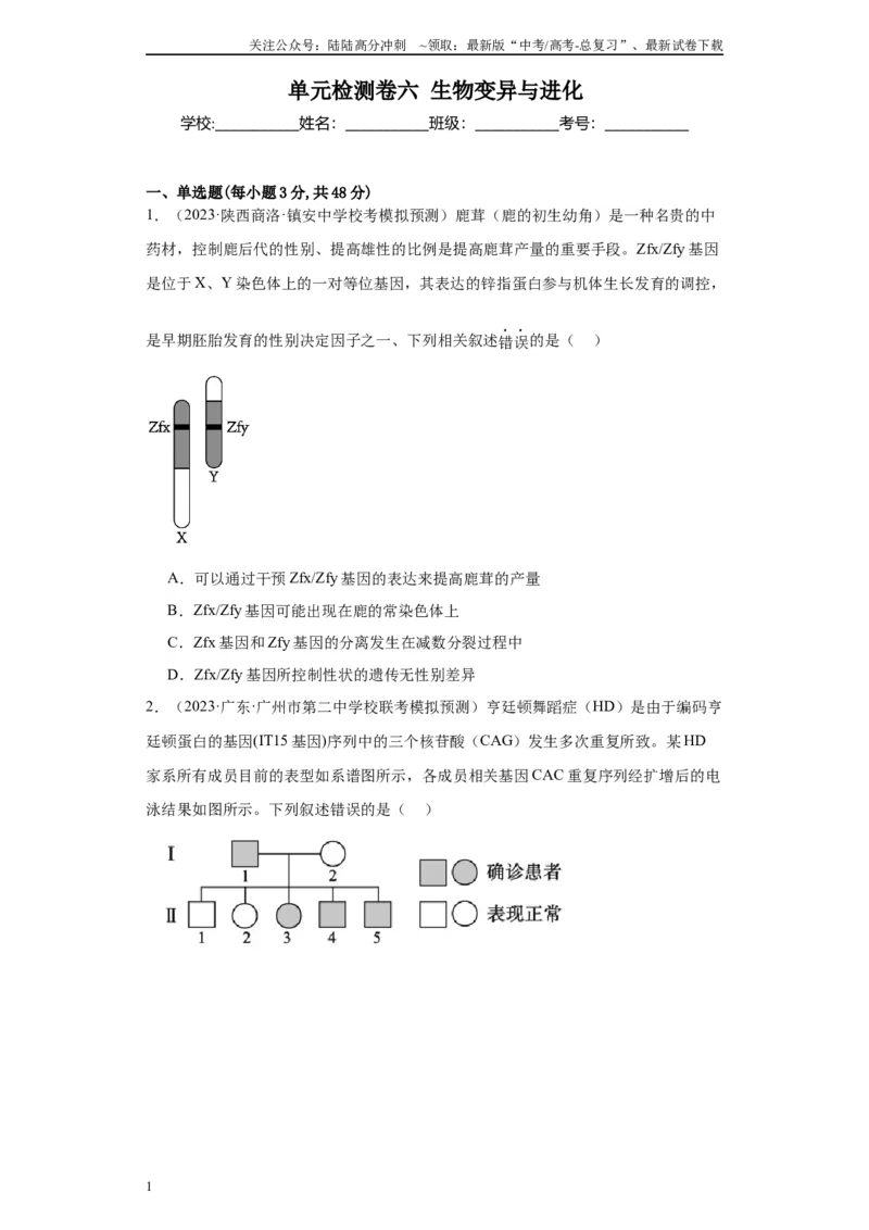 《单元检测卷六生物变异与进化(原卷版）_06-生物-高考总复习_一轮复习_2024年_2024年高考生物一轮复习精讲精练_资料》第1页预览
