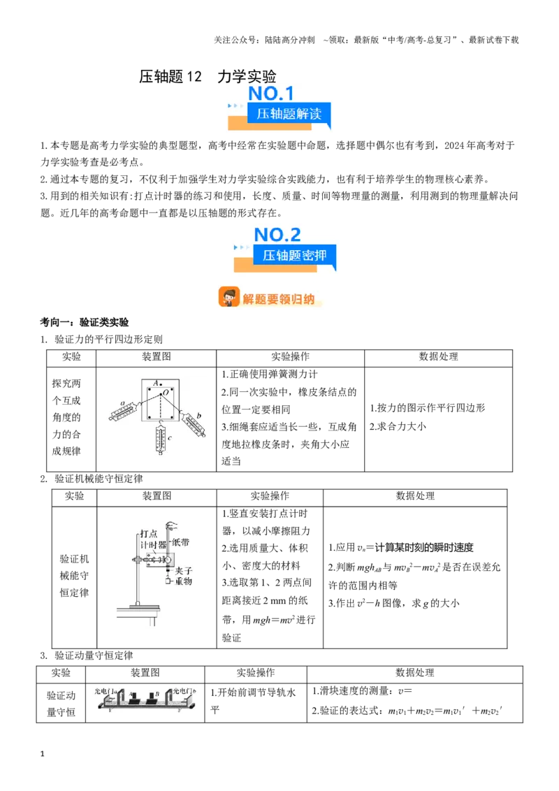 《压轴题12力学实验（教师版）_04-物理-高考总复习_专项复习_2024年_2024年高考物理压轴题专项训练（新高考通用）》第1页预览