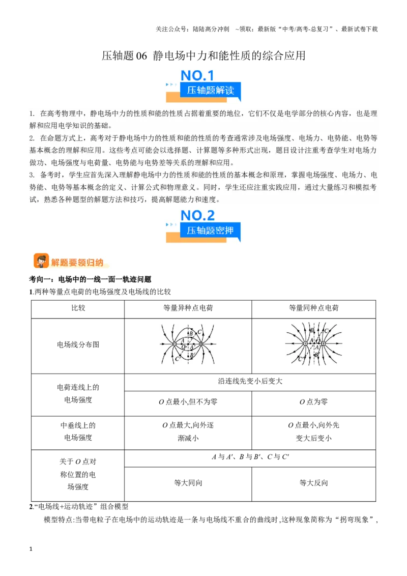 《压轴题06静电场中力和能性质的综合应用（原卷版）_04-物理-高考总复习_专项复习_2025年_2025年高考物理压轴题练习_高考物理压轴题专项训练（全国通用）》第1页预览