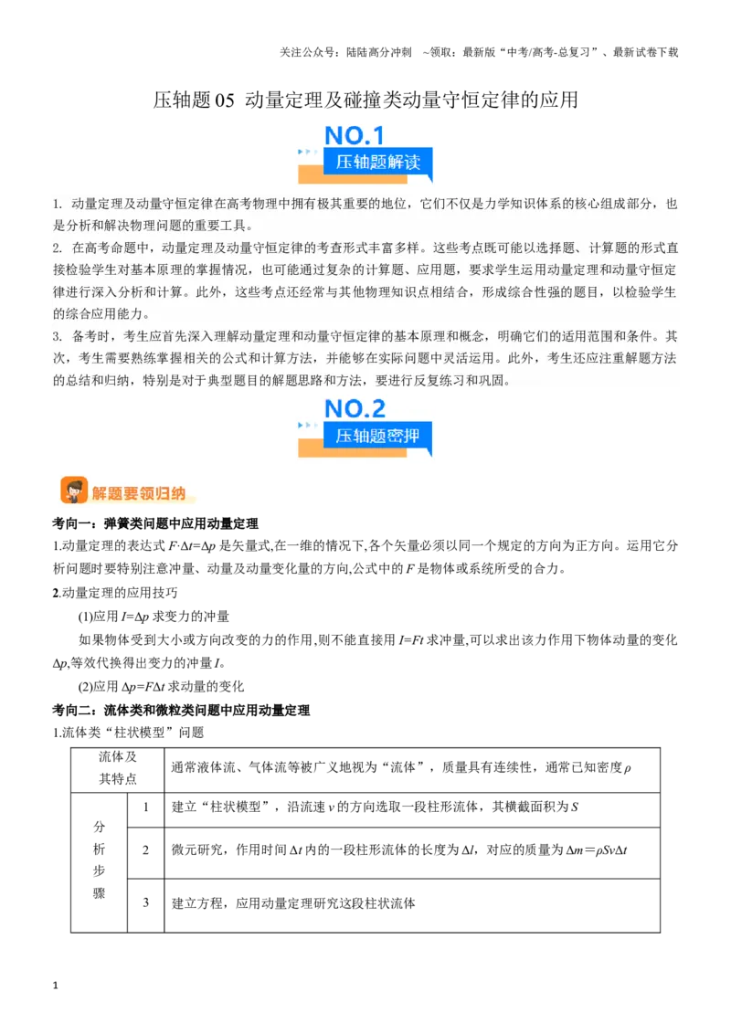 《压轴题05动量定理及碰撞类动量守恒定律的应用（学生版）_04-物理-高考总复习_专项复习_2024年_2024年高考物理压轴题专项训练（全国通用）》第1页预览