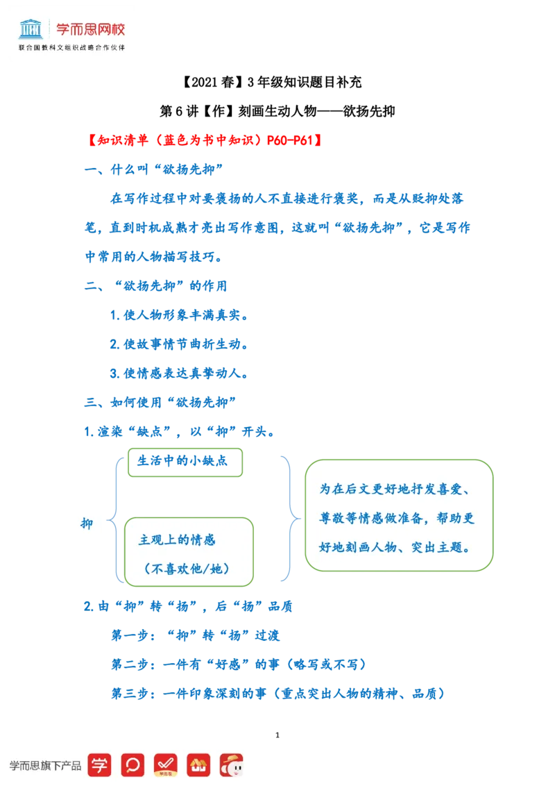 《2021春大语文三年级第6讲知识题目补充-cc654c47db4e_小学学而思全套_三年级全套_三年级直播课_2021年春季课程三年级_06.作刻画生动人物——欲扬先抑》第1页预览