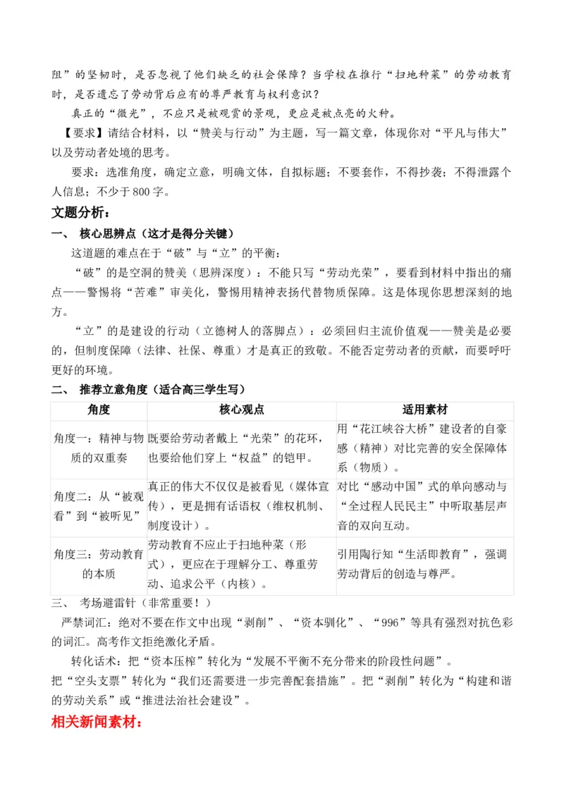 《五一劳动节特辑：莫让微光悬于半空从“精神冕冠”到“制度底座”的劳动者叙事“赞美与行动”主题作文导写原创模拟题+文题分析+热点素材解读及运用+素材拓展+范文示例+思辨性金句》第2页预览