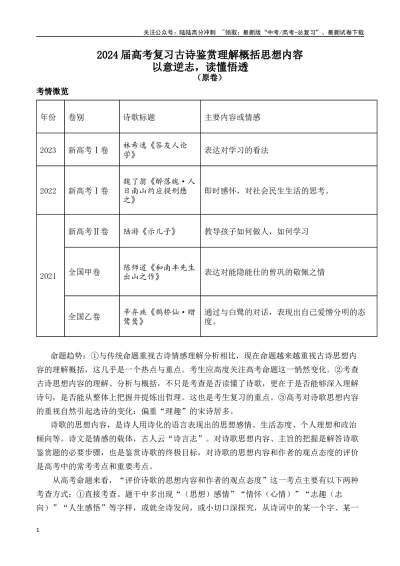 《古诗鉴赏：以意逆志，读懂悟透（原卷版）_一轮复习_2024年_2024年高考语文一轮复习常考考点精讲细练（全国通用）_资料》第1页预览