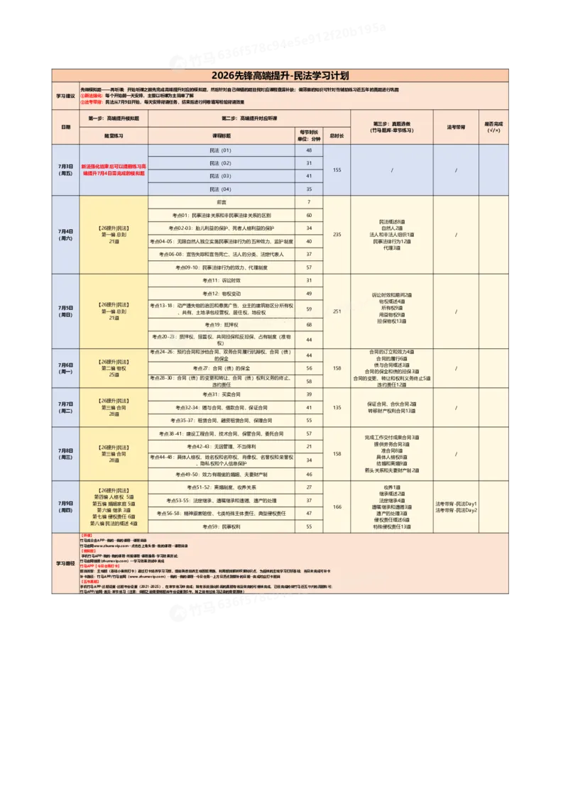 《26先锋高端提升民法学习计划._2026法考客观_众-H_10高端提升（7月）_00学习计划》第1页预览