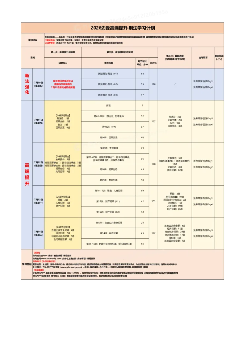 《26先锋高端提升刑法学习计划._2026法考客观_众-H_10高端提升（7月）_00学习计划》第1页预览