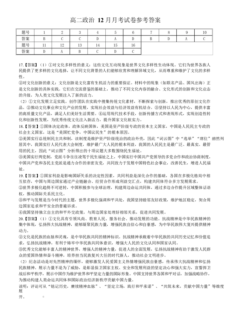 《政治答案_20272025-2026学年高二上学期《联考+联盟类试卷合集》全国多省全科（57套）_251228湖北省江夏一中、汉阳一中、洪山高中2025-2026学年高二上学期12月检测（全）》第1页预览