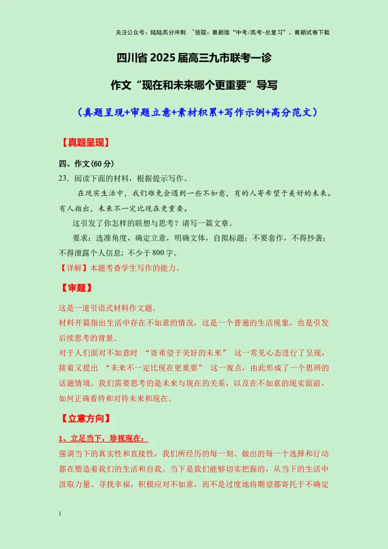 《四川省2025届高三九市联考一诊作文“现在和未来哪个更重要”导写（真题呈现+审题立意+素材积累+写作示例+高分范文）-23页_专项复习_2025年_2025年高考语文作文专项复习_资料》第1页预览
