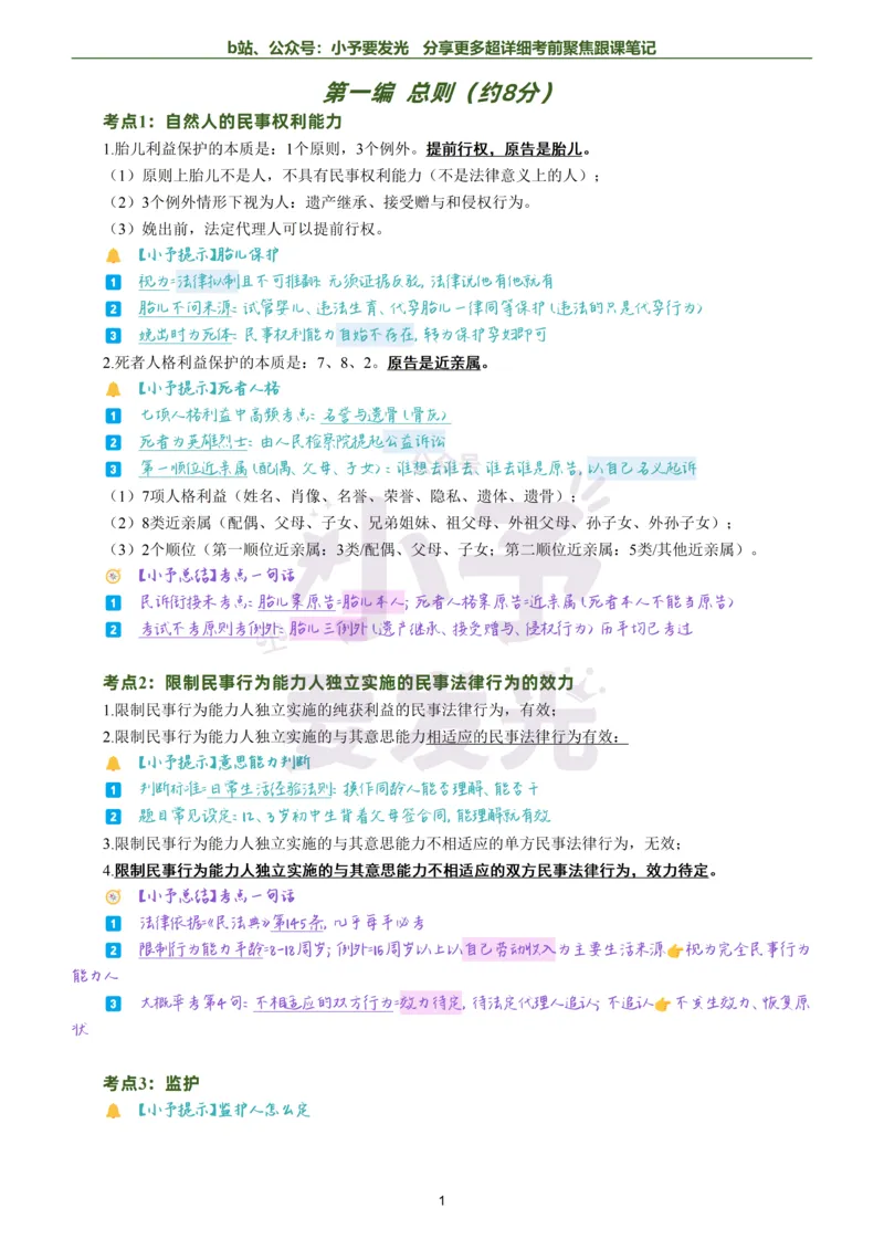 《26法考孟献贵民法考前聚焦超详细跟课笔记公众号：小予要发光_2026法考客观_众-H_1926ZH考前聚焦_02笔记》第1页预览