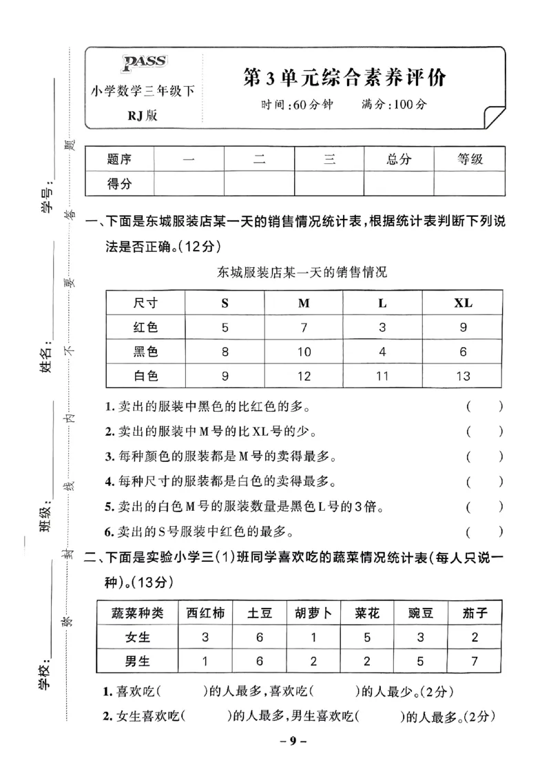 《2024春学霸作业本3下数学（人教）综合素养评价卷_小学学霸专题系列资料包：包括五星学霸、学霸默写、学霸作业本等资料_学霸作业本》第10页预览