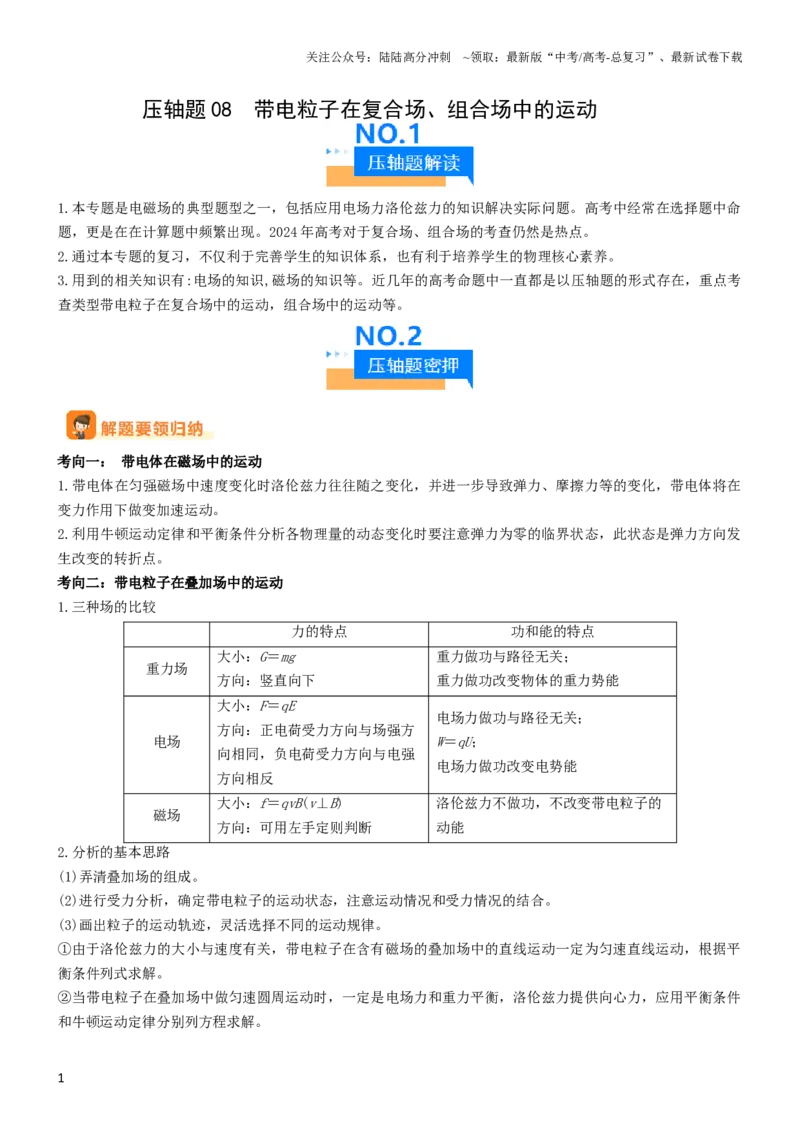 《压轴题08带电粒子在复合场、组合场中的运动（原卷版）_04-物理-高考总复习_专项复习_2024年_2024年高考物理压轴题（新高考通用）》第1页预览
