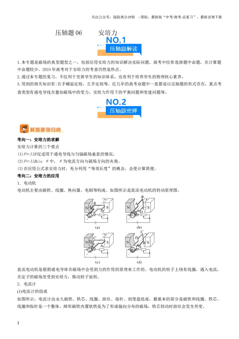 《压轴题06安培力（解析版）_04-物理-高考总复习_专项复习_2024年_2024年高考物理压轴题（新高考通用）》第1页预览
