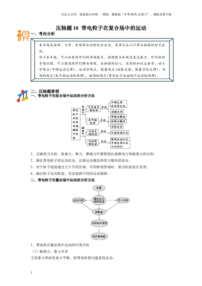 《压轴题10带电粒子在复合场中的运动（原卷版）_04-物理-高考总复习_二轮复习_2024年_2024年高考物理二轮复习高频考点追踪与预测（新高考专用）_重点压轴》第1页预览