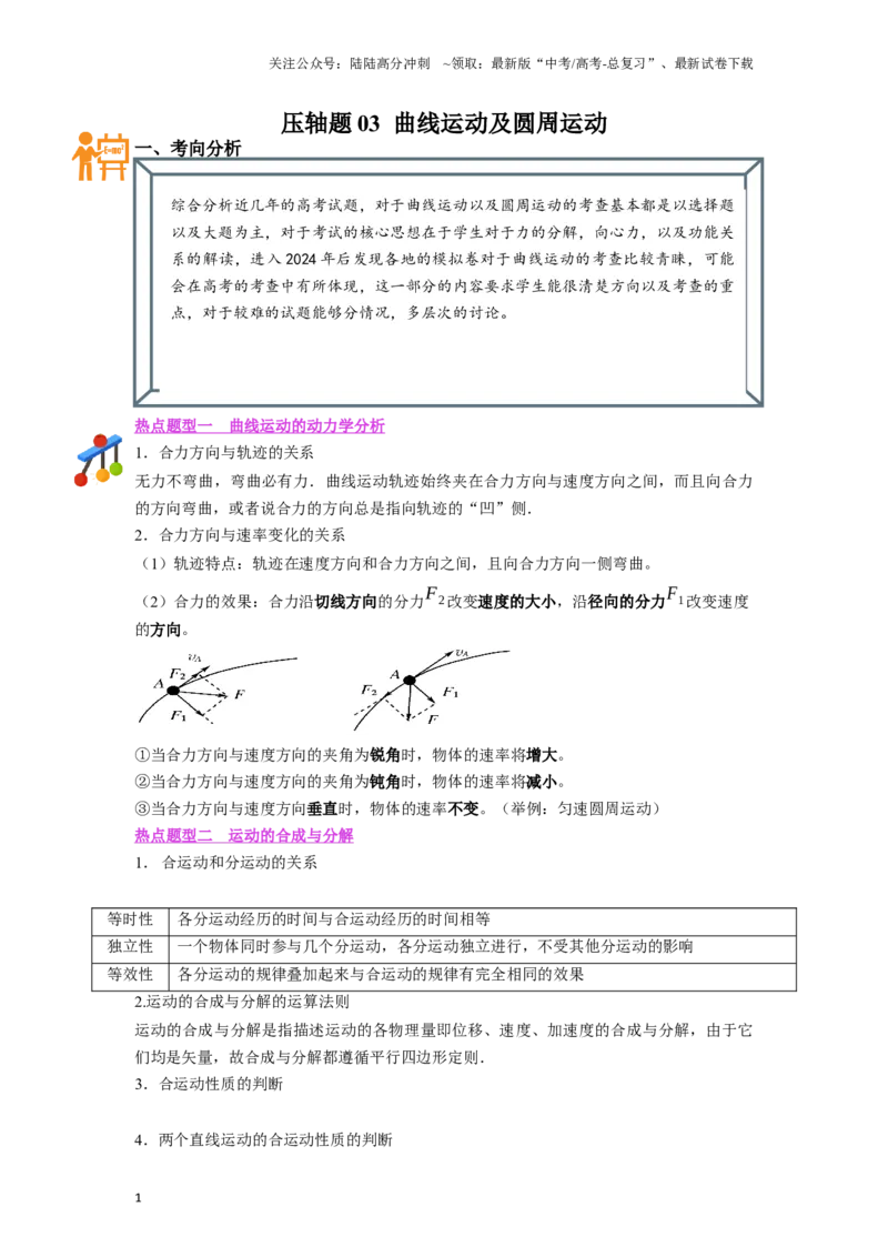 《压轴题03曲线运动及圆周运动（解析版）_04-物理-高考总复习_二轮复习_2024年_2024年高考物理二轮复习高频考点追踪与预测（新高考专用）_重点压轴》第1页预览