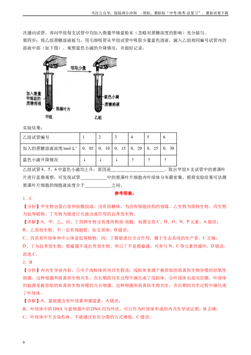 《单元检测卷一细胞结构组成及物质运输（解析版）_06-生物-高考总复习_一轮复习_2024年_2024年高考生物一轮复习精讲精练_资料》第9页预览