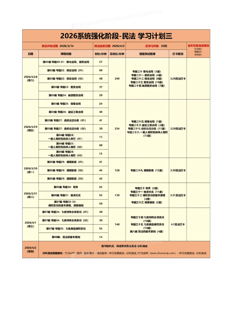 《26系统强化-民法学习计划三_2026法考客观_众-H_2026法考系统强化（内部）合集_00.配套资料(含知识点汇总)_01.学习计划_01民法学习计划》第1页预览