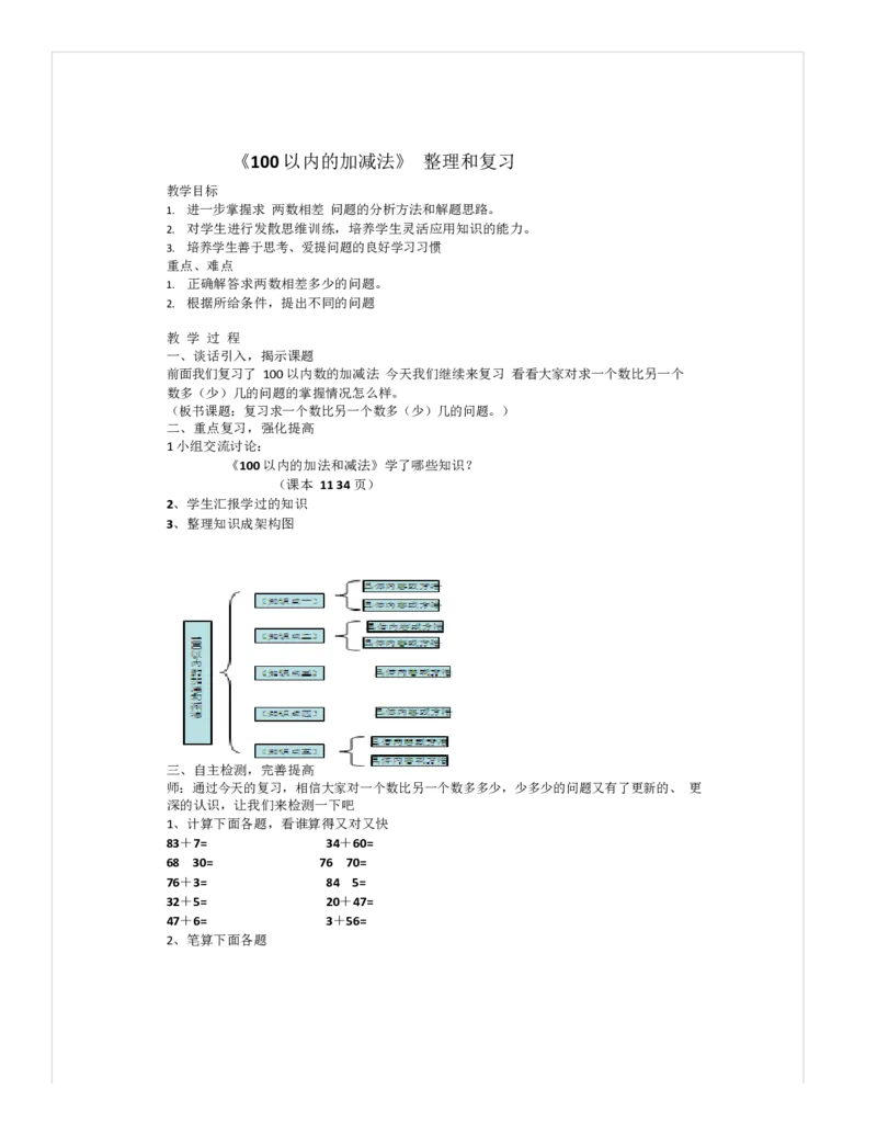 《教学设计_人教版小学数学1-6上优质公开课教学视频+课件+教案_人教版小学数学2上优质公开课_1.人教版数学公开课2上最新整理_2100以内的加法和减法（二）_4.整理和复习》第1页预览