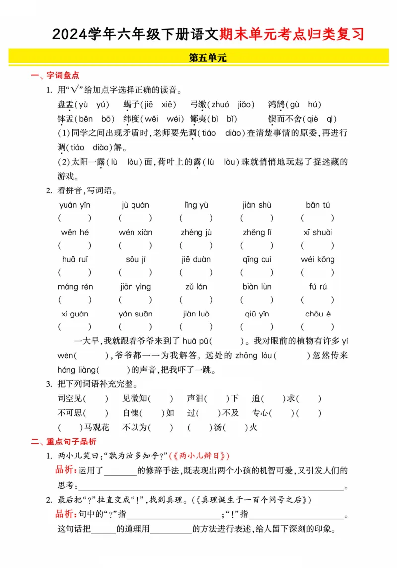 《统编版语文六年级下册《期末单元考点归类复习》（24春）_小学语文精品试卷合集（1-6年级下册）_《期末考点归类练习》》第9页预览