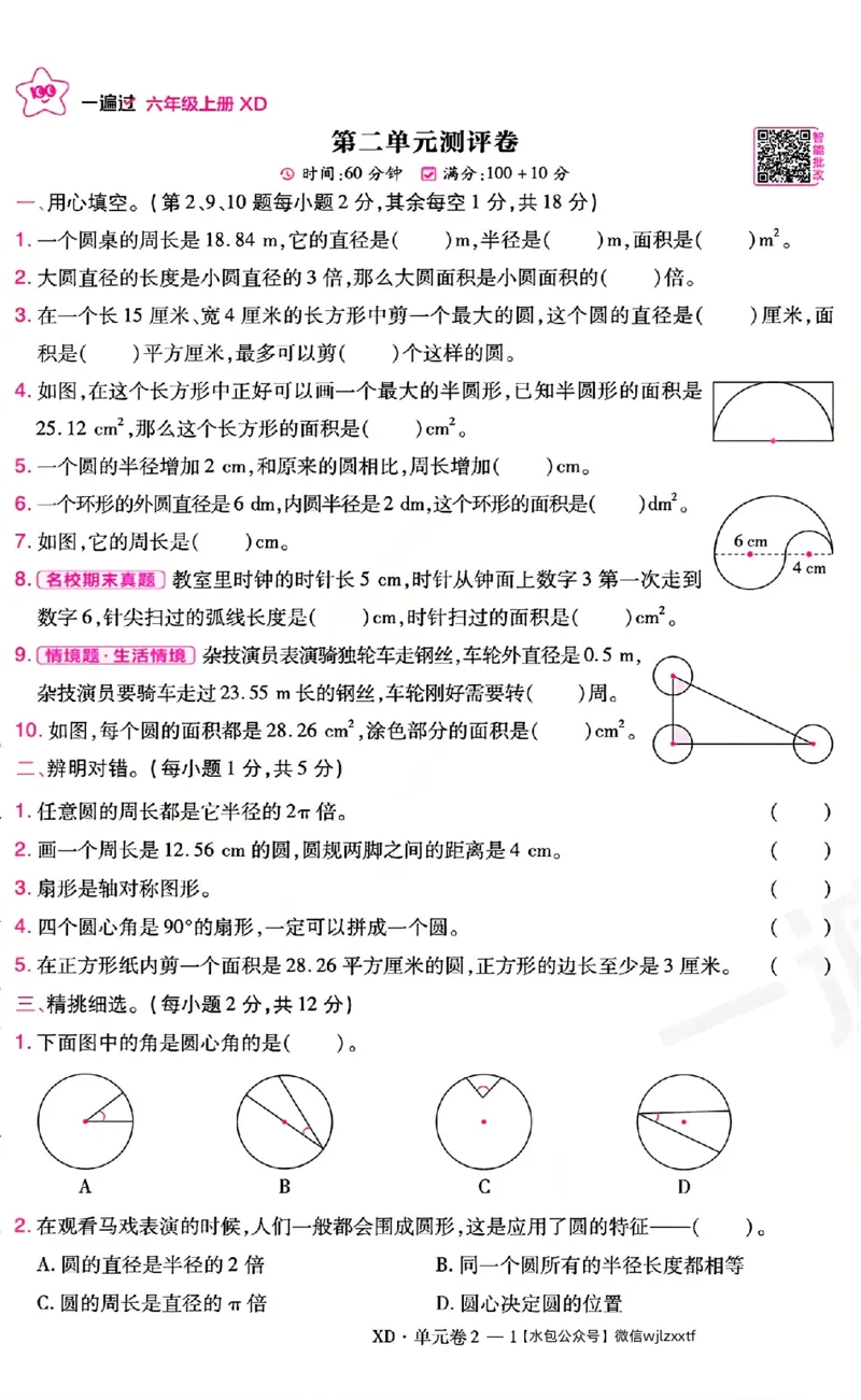 《26秋一遍过数学西师版6年级上-试卷A4版_2027版小学《一遍过+活页单元卷》456年级上册（数学）（西师）》第5页预览