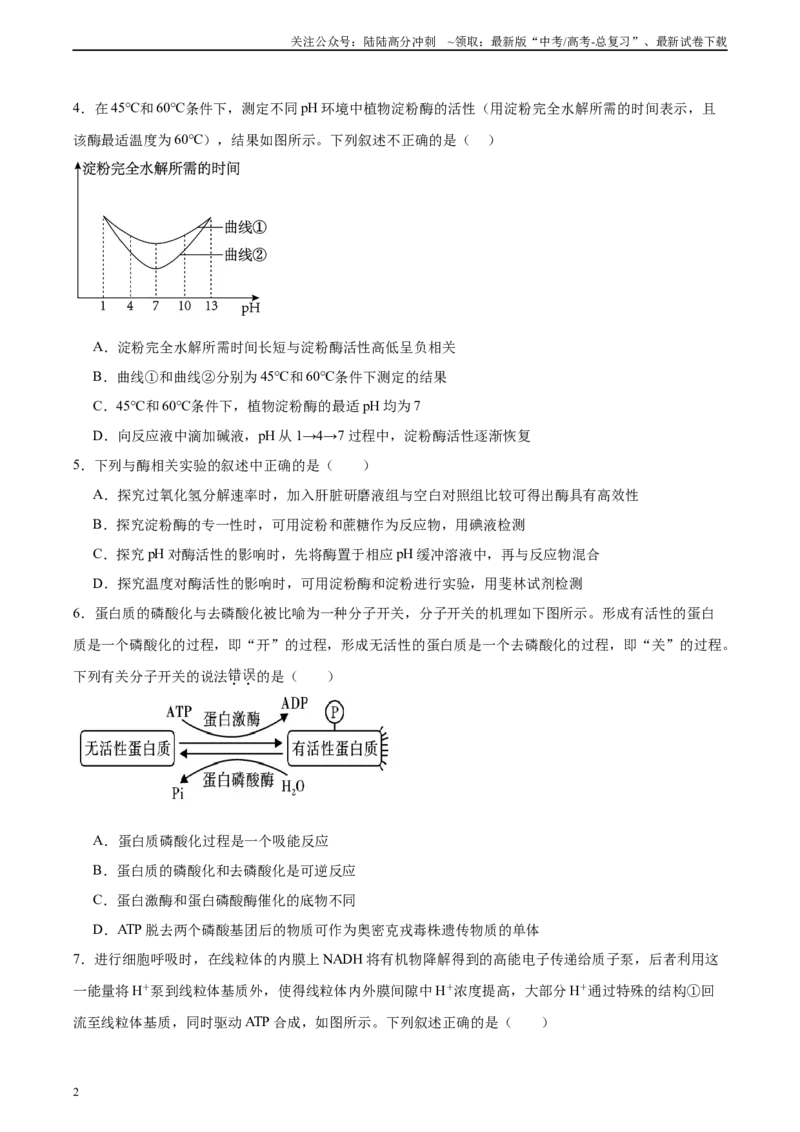 《单元检测卷03细胞的能量供应和利用（学生版）_06-生物-高考总复习_一轮复习_2025年_2025年高考生物一轮复习考点复习卷（新高考通用）》第2页预览