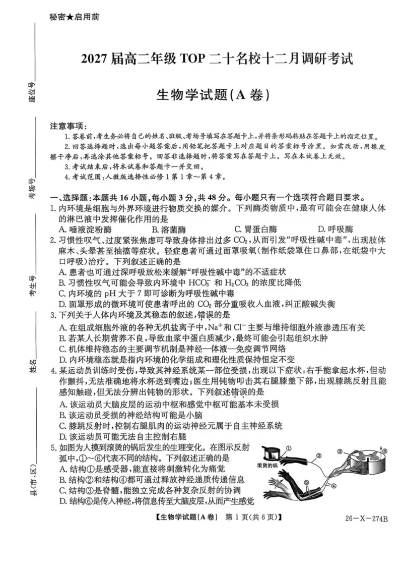 《河南省TOP二十名校2025-2026学年高二上学期十二月调研考试生物（A）试卷（图片版，含答案）_20272025-2026学年高二上学期《联考+联盟类试卷合集》全国多省全科（57套）》第1页预览