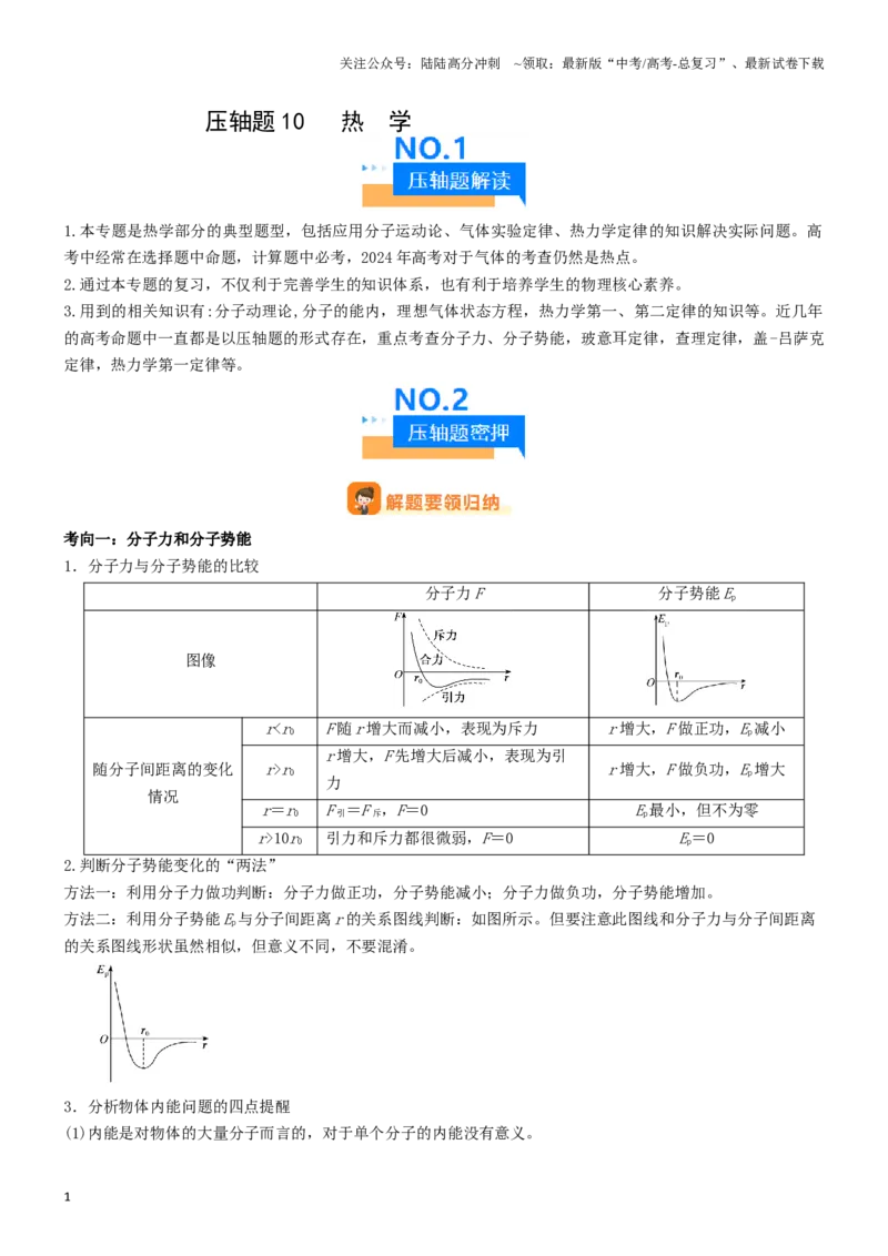 《压轴题10热学（教师版）_04-物理-高考总复习_专项复习_2024年_2024年高考物理压轴题专项训练（新高考通用）》第1页预览