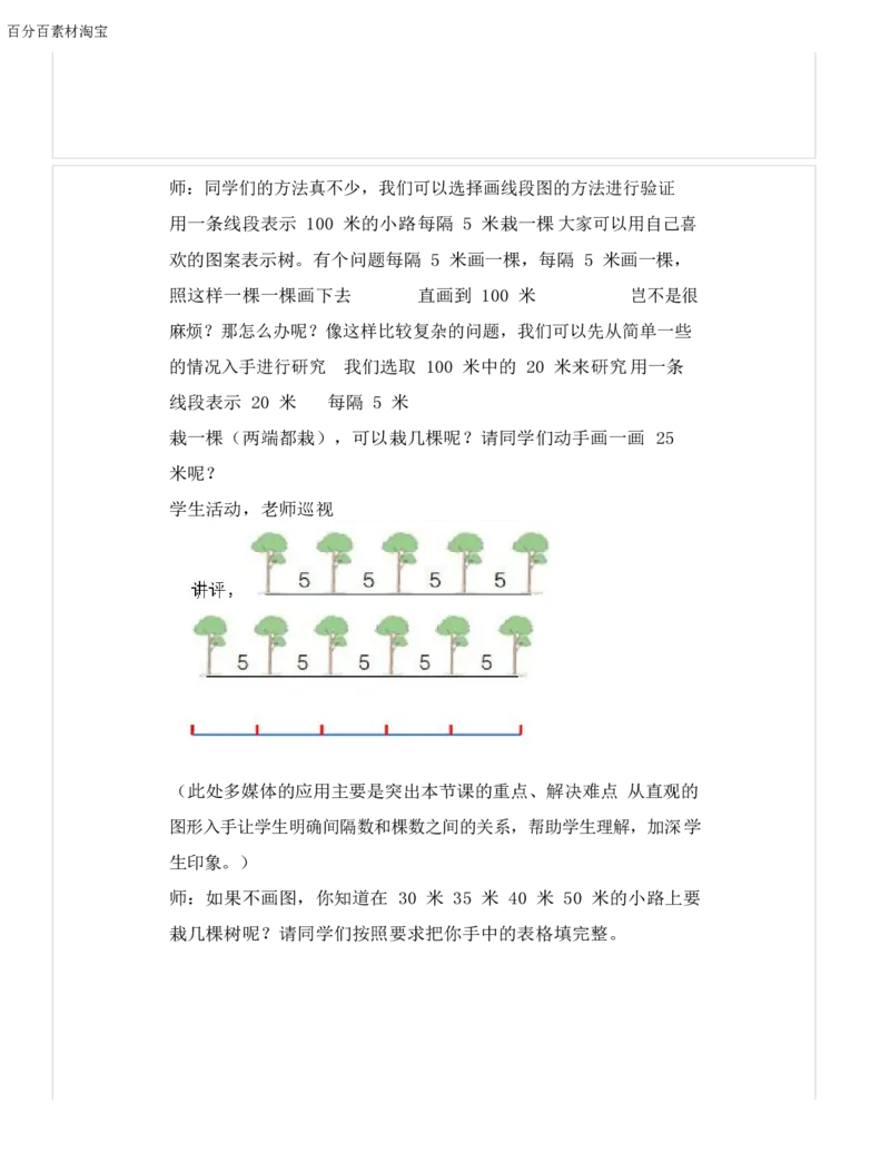 《教学设计_人教版小学数学1-6上优质公开课教学视频+课件+教案_人教版小学数学5上优质公开课_1.人教版数学公开课5上最新整理_7.数学广角──植树问题_96》第4页预览