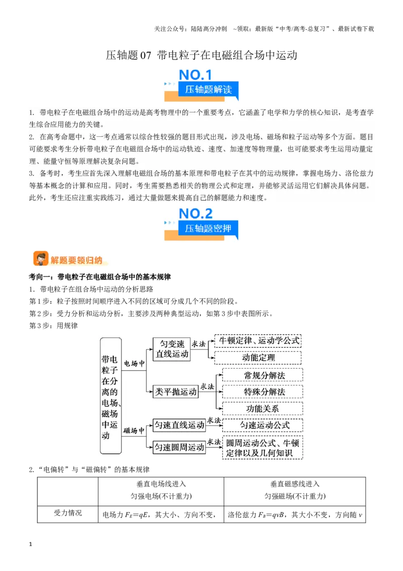 《压轴题07带电粒子在电磁组合场中运动（教师版）_04-物理-高考总复习_专项复习_2024年_2024年高考物理压轴题专项训练（全国通用）》第1页预览