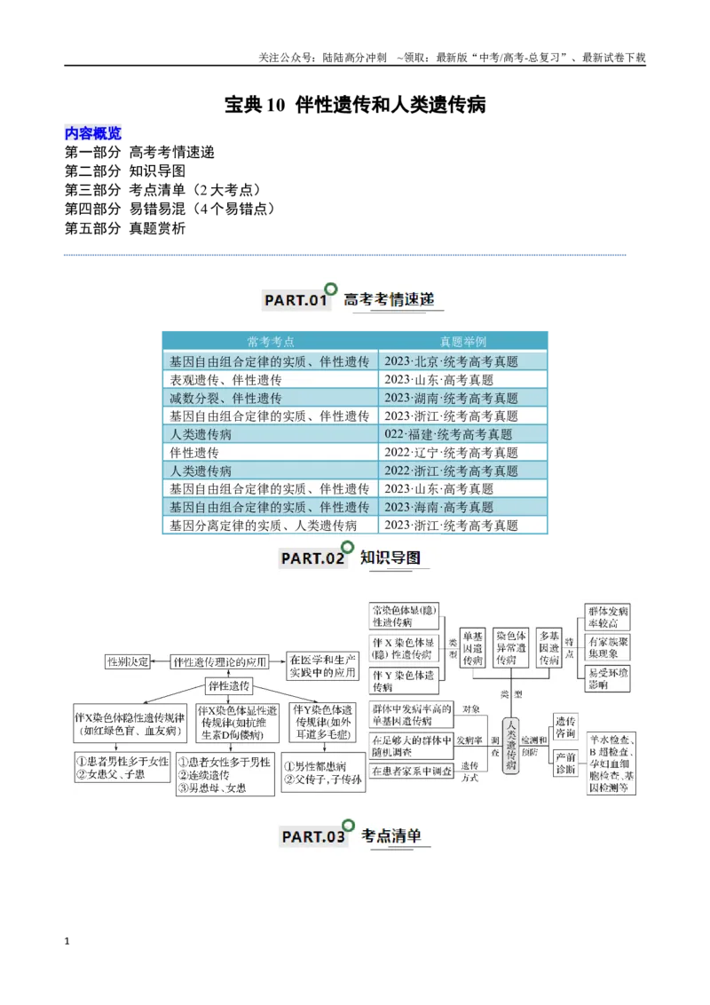 《宝典10伴性遗传和人类遗传病（解析版）_06-生物-高考总复习_一轮复习_2024年_2024年高考生物一轮复习知识清单必背总结全国通用_资料》第1页预览
