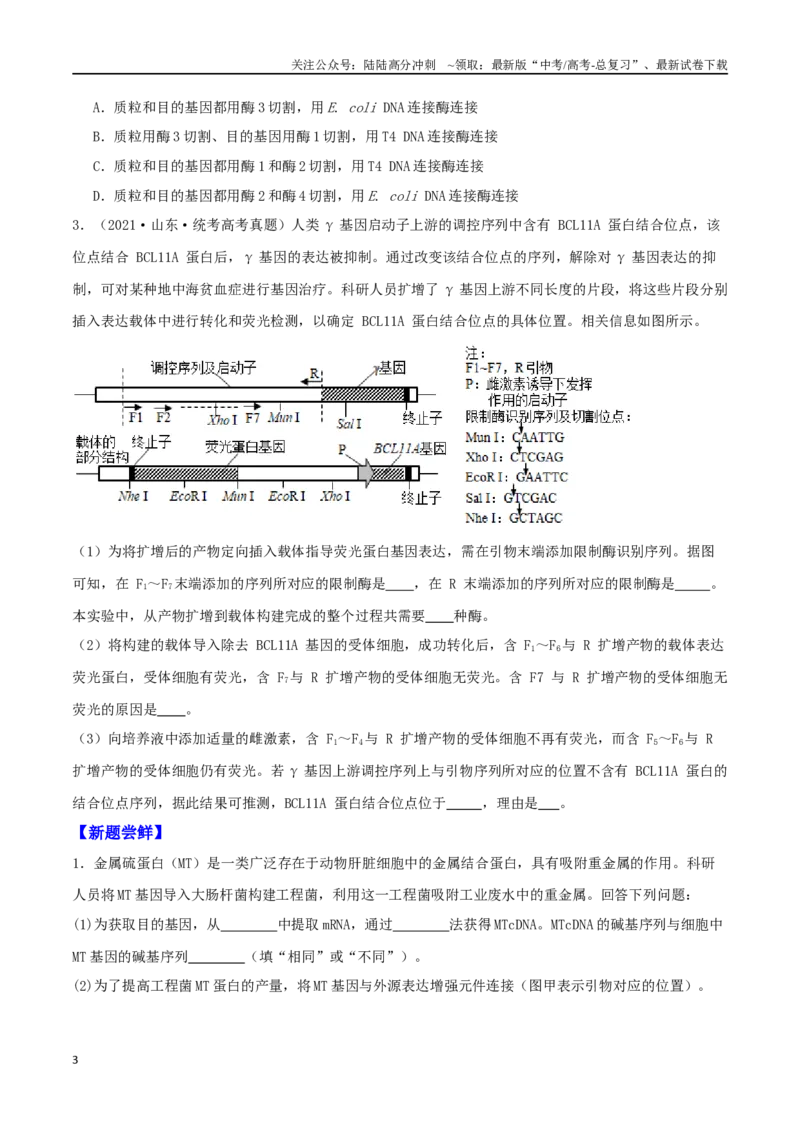 《微专题07基因工程及应用（原卷版）_06-生物-高考总复习_二轮复习_2024年_2024高三生物高考二轮复习热点命题专题真题模拟题_资料》第3页预览