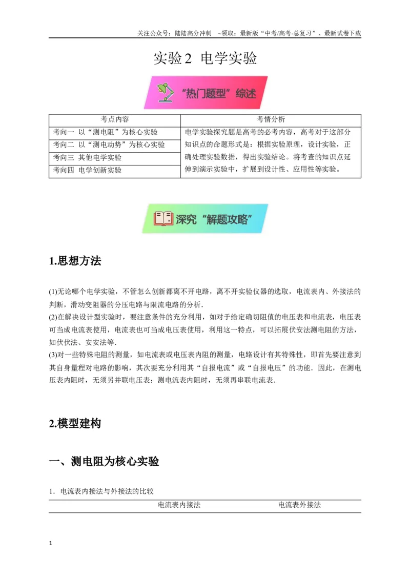 《实验2电学实验（教师版）_04-物理-高考总复习_专项复习_2025年_2025年高中高考物理模型与方法_资料_8高考热点题型归类（二轮）》第1页预览