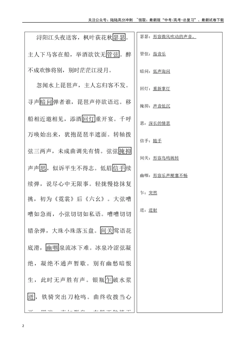 《必修上册诗歌背诵篇目之《琵琶行》实词句式默写模拟拓展训练（教师版）_专项复习_2025年_2025年高考语文古诗文必备篇目读写专练（全国通用）_资料_1-必修上册》第2页预览