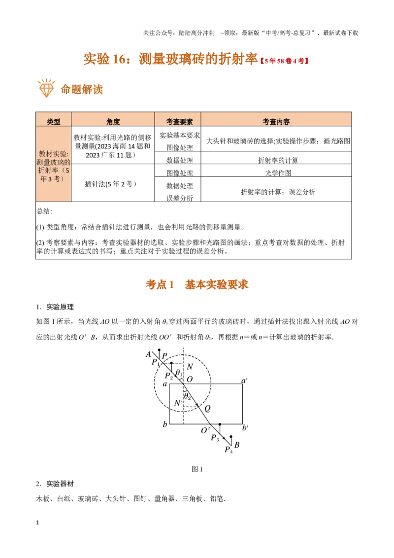 《实验16：测量玻璃砖的折射率（原卷版）_04-物理-高考总复习_专项复习_2024年_2024年高考物理必考实验题讲解练习重难点题型归纳_资料》第1页预览