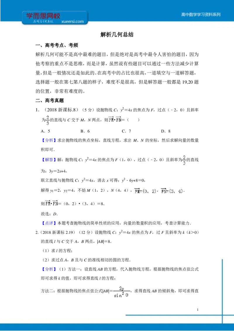 《解析几何总结-62b196e83424_学而思高三全套_2019年高三暑假直播_2019-暑高二升高三理科数学一轮复习直播凌云班（全国）10讲王侃》第1页预览