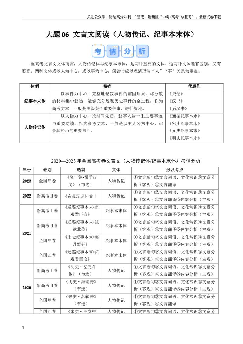 《大题06文言文阅读（人物传记、纪事本末体）（解析版）_专项复习_2024年_2024年新高考语文大题突破练习题大题预测试卷训练_资料》第1页预览