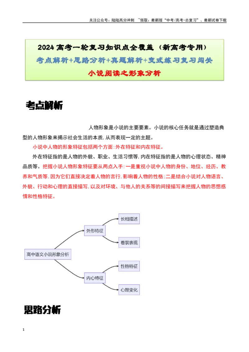 《小说阅读之形象分析（原卷版）-知识点闯关全覆盖（新高考专用）_一轮复习_2025年_2025年高考语文一轮复习知识点专项归纳真题练新高考专用_资料》第1页预览