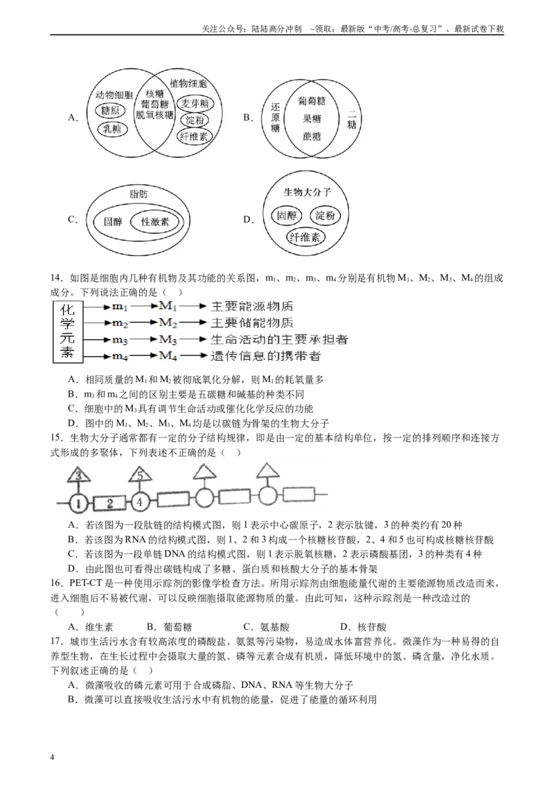《必修1分子与细胞消灭易错必刷100题（原卷版）_06-生物-高考总复习_专项复习_2024年_2024年高考生物消灭易错和热点专题必刷练_资料》第4页预览