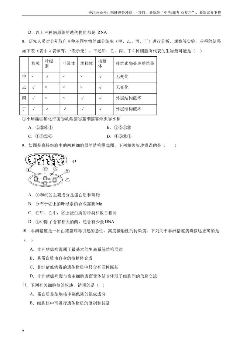 《必修1分子与细胞消灭易错必刷100题（原卷版）_06-生物-高考总复习_专项复习_2024年_2024年高考生物消灭易错和热点专题必刷练_资料》第9页预览