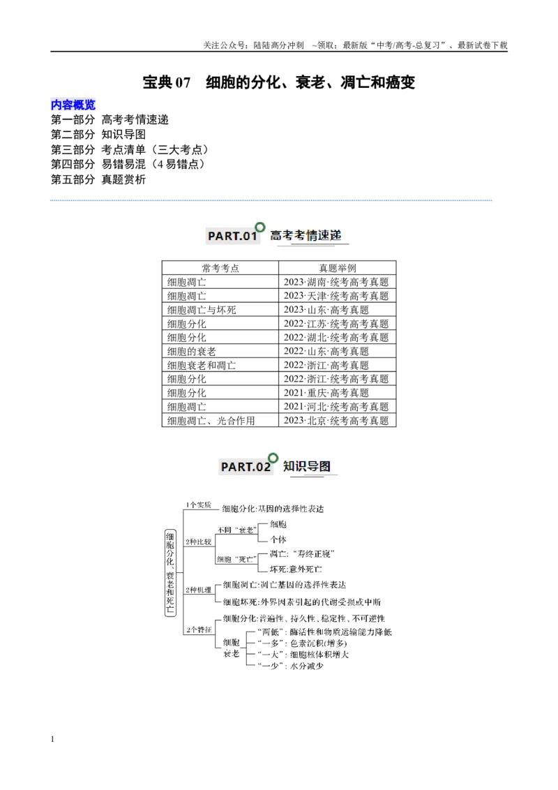 《宝典07细胞的分化、衰老、凋亡和癌变（原卷版）_06-生物-高考总复习_一轮复习_2024年_2024年高考生物一轮复习知识清单必背总结全国通用_资料》第1页预览