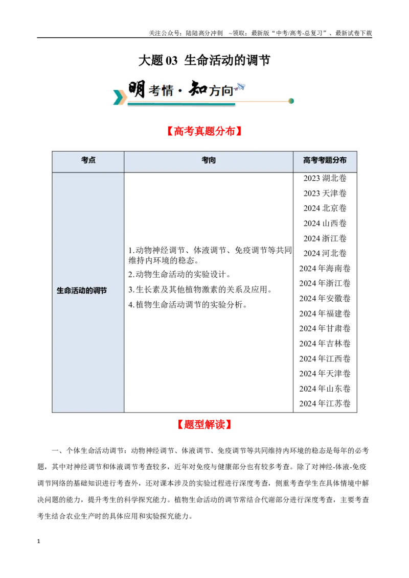 《大题03生命活动的调节（学生版）_06-生物-高考总复习_专项复习_2025年_2025年高考生物大题突破+限时集训（新高考通用）》第1页预览