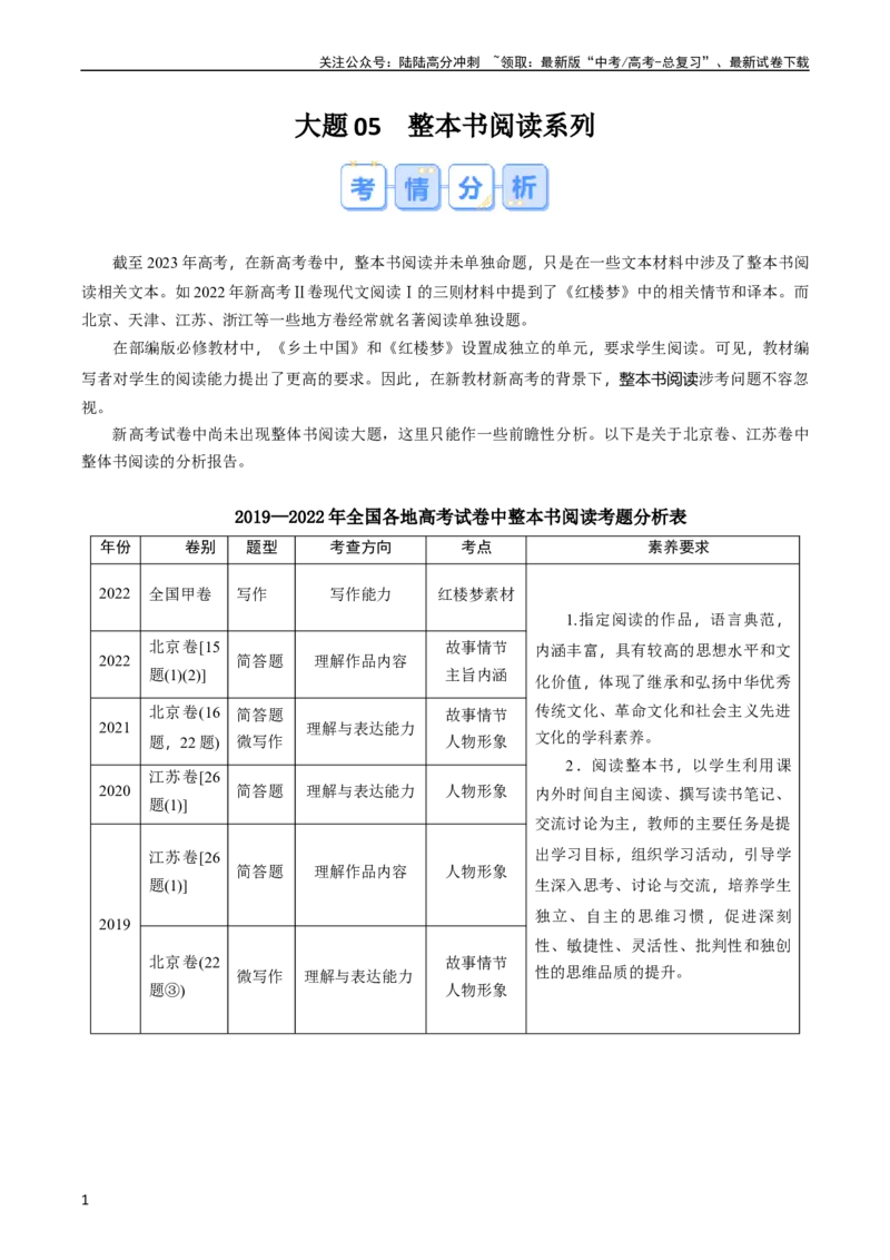 《大题05整本书阅读系列（现代文阅读Ⅰ、Ⅱ）（原卷版）_专项复习_2024年_2024年新高考语文大题突破练习题大题预测试卷训练_资料》第1页预览