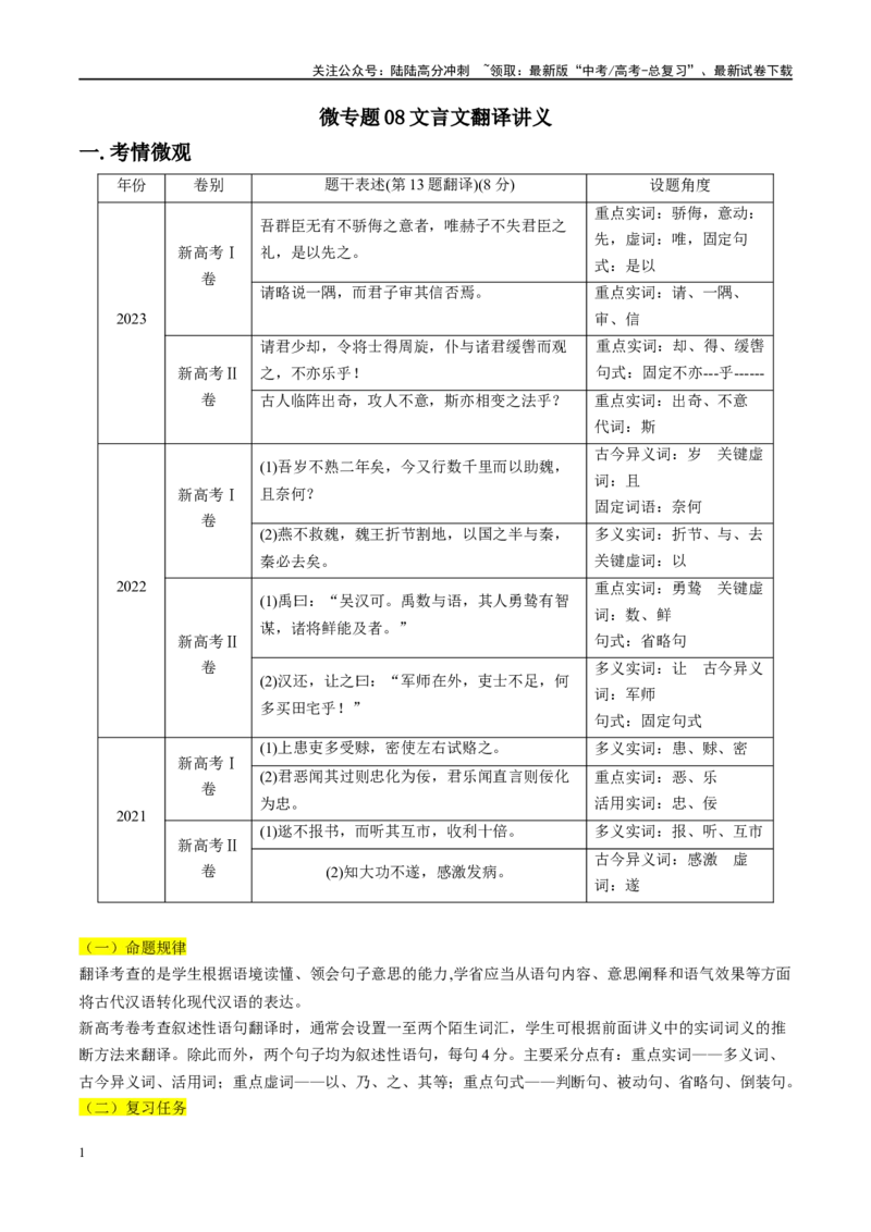 《微专题08文言文翻译讲义_一轮复习_2024年_2024年高考语文一轮复习微专题之文言文阅读（全国通用）_资料》第1页预览
